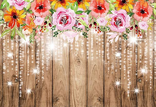 AOFOTO 6x4ft Rustic Wooden Board Backdrop Flowers Banner Glitter Vintage Wood Bridal Shower Wedding Photo Shoot Background Kids Girls Birthday Party Decor Photo Studio Props Washable Polyester