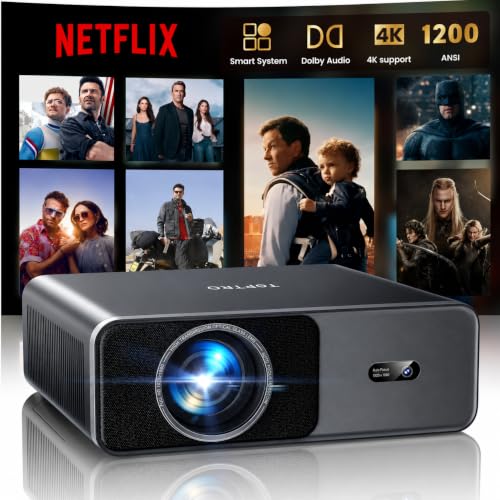 Projector 4K 1200ANSI Home Cinema Projectors Built in APP 20W Dolby Audio TOPTRO FHD 1080P Portable Smart Projector with Auto Focus/Keystone WiFi 6 Bluetooth Low noise Video Projector for Bedroom