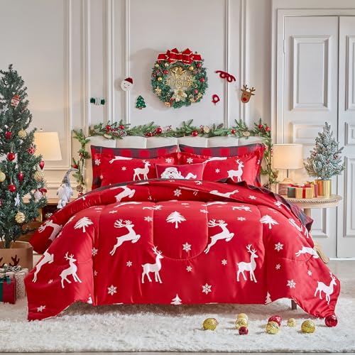 Flysheep-Christmas-Comforter-Set-3-Pieces-Queen-Size-88×88-inches-White-Deer-and-Snowflake-on-Red-Xmas-Holiday-Pattern-Design-Soft-Microfiber-Lightweight-Bedding-Sets-for-All-Season Flysheep Christmas Comforter Set 3 Pieces Queen Size 88×88 inches White Deer and Snowflake on Red Xmas Holiday Pattern Design Soft Microfiber Lightweight Bedding Sets for All Season