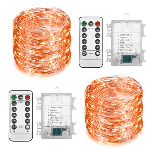 2 Pack Total 200 LED Fairy Lights Battery Operated String Lights with Remote & 8 Modes 33FT Waterproof Copper Wire Battery Powered Twinkle Lights for Outdoor Christmas Parties Decoration Orange