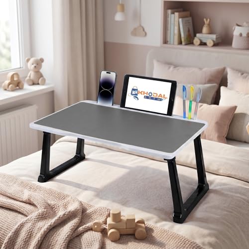 Image of Portable Laptop Table for Study & Writing | Foldable Bed Table with White Bidding Finish | Scratch Resistant Wooden Top | Heavy Duty Rust-Free Legs | Multipurpose Study Desk with Drawer (Grey)