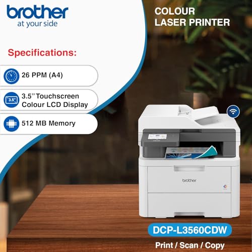 Image of Brother MFC-L3760CDW (New Launch) Auto Duplex Color Laser Printer, 3.5 inch Touch Screen Display, (Print Scan Copy Fax), 512 MB Memory, ADF, WiFi Dual Band WiFi Direct LAN USB, 26 PPM, Free Installation