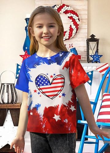 Image of CAZYCHILD Girls American Flag Patriotic Shirt Boys 4th of July Short Sleeves Tshirt USA Clothes for Kids 5-14Y
