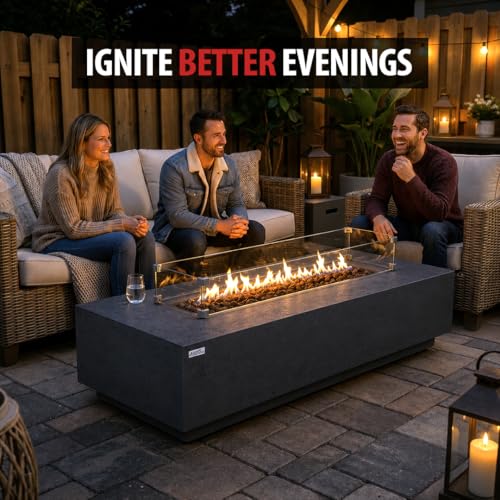 Image of AMS Creations | Savanah 72 inch Bundle Rectangular Cast Concrete Natural Gas Fire Pit Table | Dark Gray | Travertine Texture Surface | Electronic Ignition | Outdoor Patio Heater Outside Backyard Fireplace