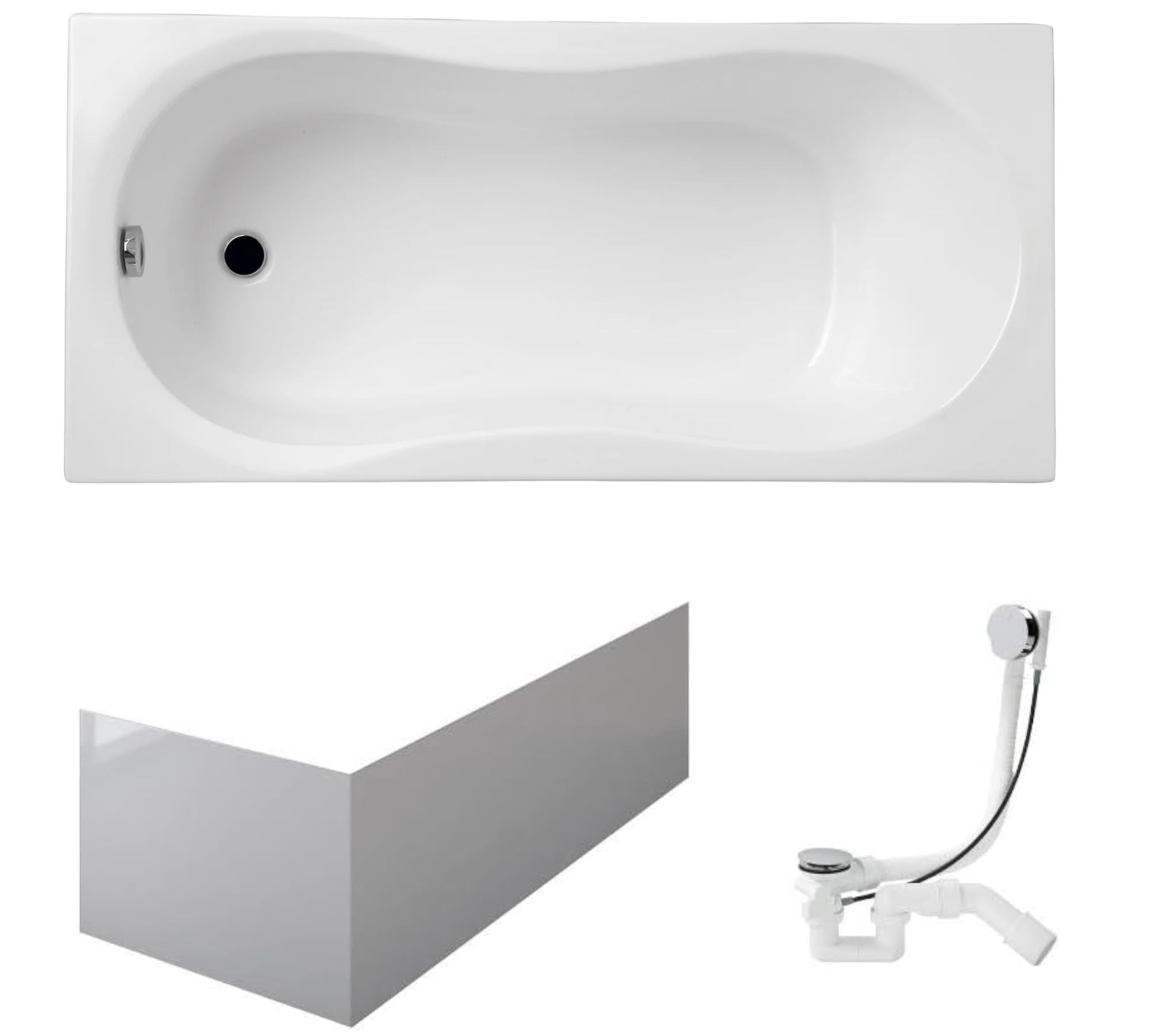VBChome Badewanne 180x80 cm Weiß Acryl Schürze Wannenfüße Siphon Rechteckig Wanne Abfluss Design Modern Ablaufgarnitur in Chrom Badewanne mit Schürze