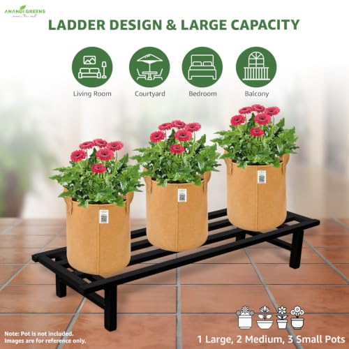 Image of Anandi Greens Black Heavy Duty Metal Plant Stand for Outdoor Balcony Indoor Living Room and Garden Iron Flower Pot Stand for Plants Rust Resistant Plant Pot Holder Rack for Grow Bags, Planters and Pots Supports Up to 100 kg 76.2 x 20.32 x 17.78 cm