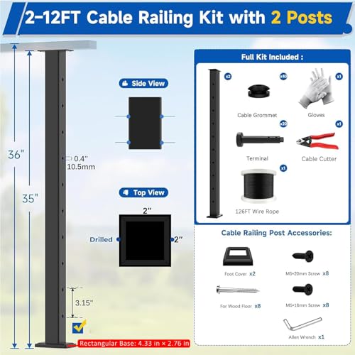 Image of 36 inch 2-12FT Swageless Modular Black Cable Railing System Post Kit with 2 Level Posts, T304 Stainless Steel, Patent Swageless Reusable Cable Railing Kit, Upgraded Powder Coated for Outdoor Decks