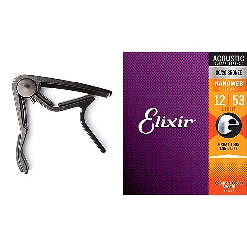 Dunlop – Capodastres pour guitares 83CB Black & Cordes Elixir® en Bronze 80/20 pour guitare acoustique avec revêtement NANOWEB®, Light (.012-.053) - Les Beatles, Paul McCartney, John Lennon, RIngo Starr, George Harrison Dunlop - Capodastres pour guitares 83CB Black & Cordes Elixir® en Bronze 80/20 pour guitare acoustique avec revêtement NANOWEB®, Light (.012-.053)