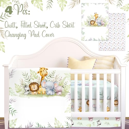 Image of Hahafelt 4 Pieces Baby Crib Bedding Set for Girls and Boys, Soft Baby Bedding Set Including Crib Skirt, Comforter, Sheet and Diaper Stacker for Nursery (Wildlife Theme)