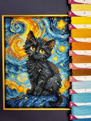 Image of RIOLIS - Starry Cat 2288, Cross Stitch Kits 6 inchx7 inch, Cat Cross Stitch Kits for Beginners & Advanced, Crossstitching Kit Adult, Animals Embroidery Counted Stitching Kit