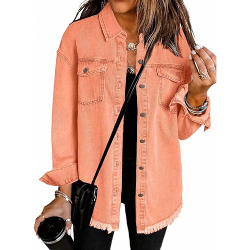 Women’s Oversized Denim Jacket – Button-Down Shacket, Distressed Jean Coat with Frayed Hem3