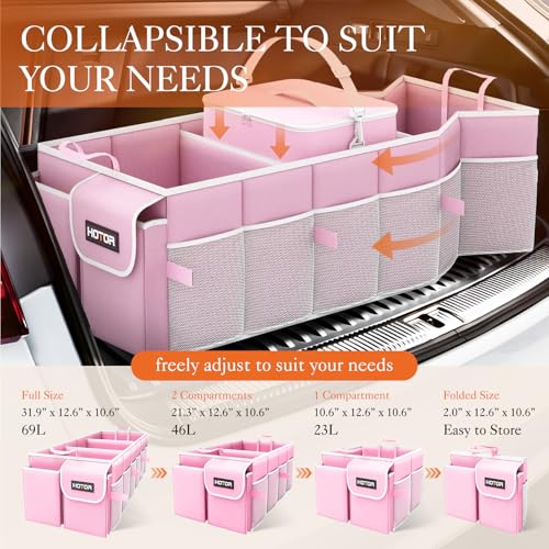 Image of HOTOR Trunk Organizer, Sturdy Foldable with Cooler for Car & SUV, 3 Compartments, Pink, 30.90 inchx12.60 inchx10.63 inch