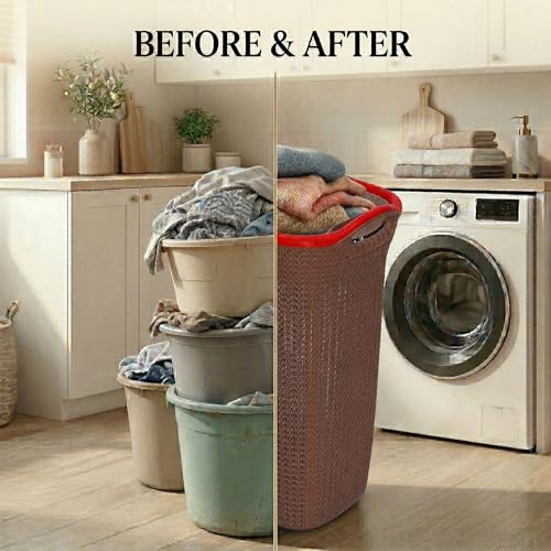Image of Plastic Laundry Basket with Lid | 60L Extra Large Knit Hamper | Strong & Durable | Ideal for Bathroom, Bedroom & Kids Room | Multipurpose Cloth Storage Organiser | 36 x 46 x 61 cm | Dark Beige