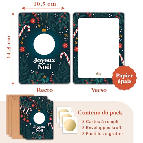 aliceandberry Carte à gratter personnalisable Noël - Cadeau non matériel - Carte cadeau surprise à offrir - Pastille autocollante à gratter + enveloppe incluse - Expérience magique (3 cartes) – vue 4