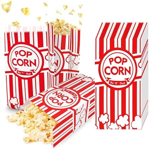 KERIQI Popcorn Bags, 50 Pcs Paper Popcorn Container Red and White Concession Stand Popcorn Holder Movie Theme Party Supplies Cover