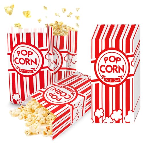 Image of Popcorn Bags, 100 Pcs Paper Popcorn Container Red and White Concession Stand Popcorn Holder Movie Theme Party Supplies