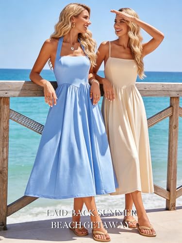 Image of YIOYOLA Women Sleeveless Halter Sleeveless Drop Waist Corset Midi Dress Swing Flowy Beach Sundresses with Pockets