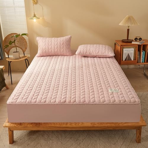 Protector De Cama Transpirable con Textura De Gavilla De Trigo, Funda Protectora De Colchón Confortable con Tiras Elásticas, Cubrecolchón Lavable Antideslizante-Pink||2Pillowcases