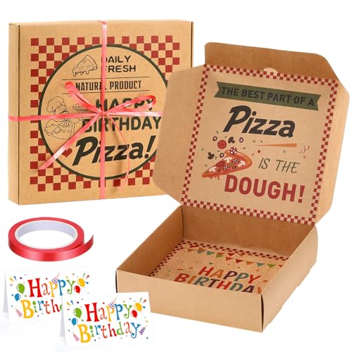 Feifeiya 2 Pcs Birthday Pizza Money Box for Cash Gift 7 x 7 Inch Pizza Boxes Money Holder Fun Gift for Surprise Funny Classic Happy Birthday Party Celebrations (Cash Not Include) (Brown)