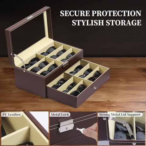 Image of AUTOARK Leather Eyeglasses Storage Case Organizer,12 Piece,Brown,AW-129 | Sunglass Display,Drawer Lockable