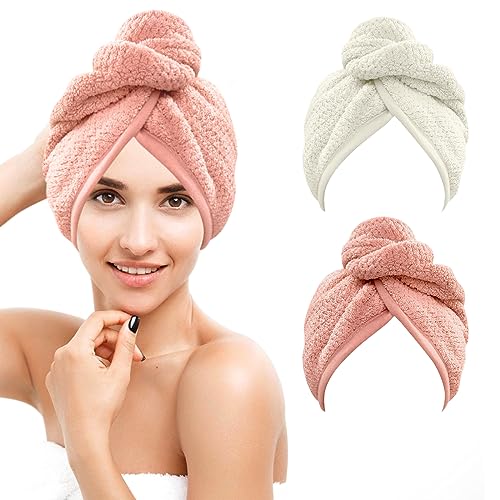 Nimisyra 2 Toallas Turbante para el Pelo Gorros,Superabsorbentes y de Secado Rápido,Suaves y Anti-Frizz, con Botón Ajustable,Ideal para Ducha, Piscina o SPA(arroz Blanco + Carne en Polvo)