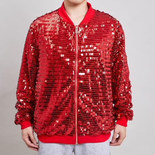 Image of YIYI Mens Jacket Bomber Sequin Sparkly Varsity Unique Glitter Jacket Male Party Shiny Outwear Coat Birthday Holiday Clothes