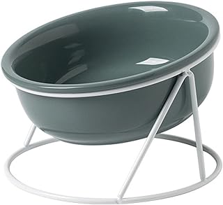 DEDEMCO Ceramic Cat Dog Elevated Food Bowl with Iron Stand,600ml Tilted Cat Dog Water Bowl,Raised Pet Food Water Dish for Cats Dogs Whisker Friendly,Dark Green