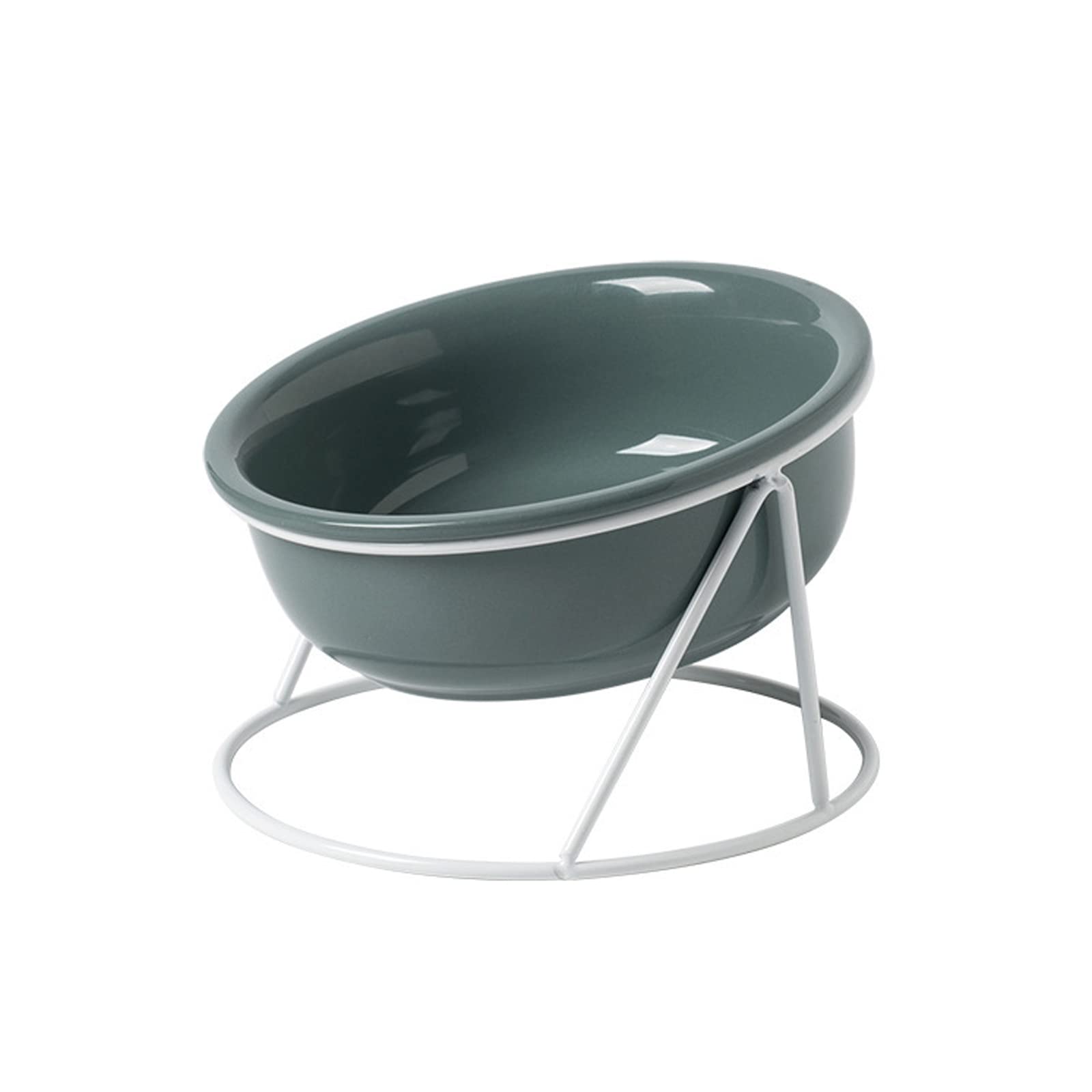 DEDEMCO Ceramic Cat Dog Elevated Food Bowl with Iron Stand,600ml Tilted Cat Dog Water Bowl,Raised Pet Food Water Dish for Cats Dogs Whisker Friendly,Dark green