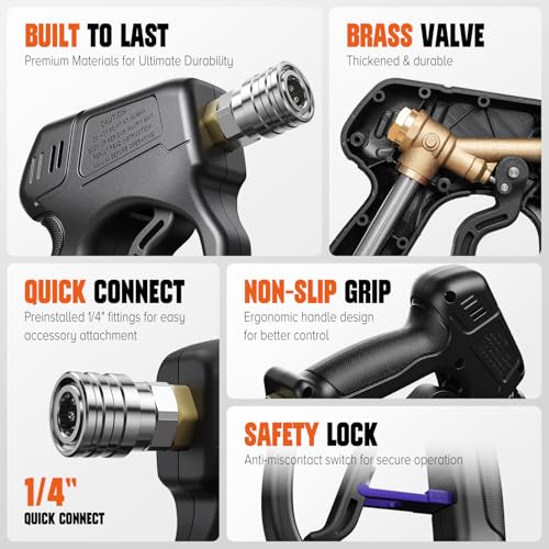 Image of Short Pressure Washer Gun, 4000 PIS Power Washer Gun Car Washing | Stubby High Pressure Washer Gun, M22-14mm, 3 /8 inch Male Plug, 1 /4 inch Quick Connect, 5 Spray Nozzle, Car Wash Gun for Foam Cannon