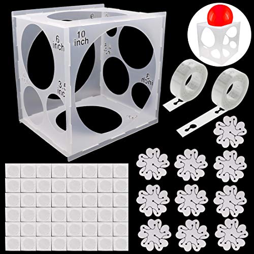 GOETOR 11 Holes Collapsible Plastic Balloon Sizer Box Cube Balloon Measurement Tool with 32Ft Balloon Tape Strips 48 Balloon Glue Point 10 Balloon Flower Clips