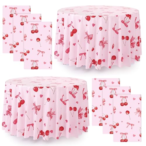 Image of Ganeen 6 Pcs Cherry Plastic Tablecloth 84 Inch Cherry Bow Round Tablecloths Birthday Decor Disposable Plastic Round Waterproof Table Covers for Holiday Weeding Tea Decoration Party Favor