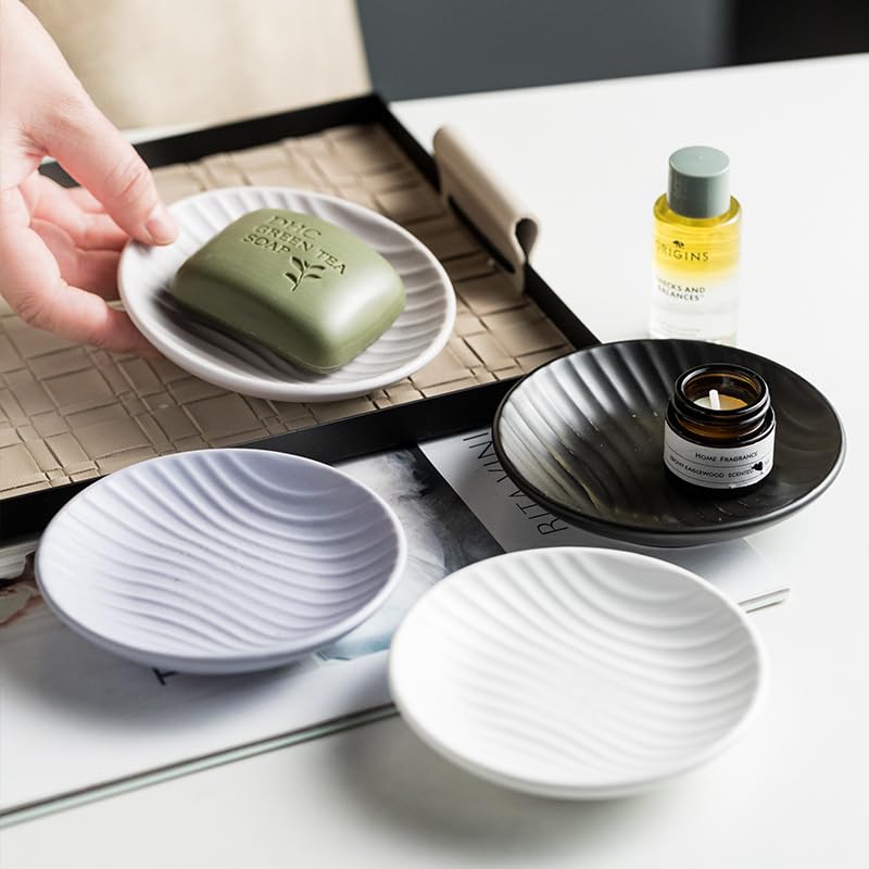 Chic Round Soap Dish, Modern Minimalist Striped Design Ceramic Tray(Oatmeal) - Image 3
