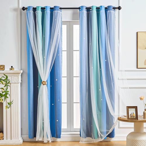 SeseBee Cortinas de 2 Piezas para Habitación Infantil, Cortinas Estrellas para Habitación Bebé, Decoración de Habitación de Niña (Azul Verde Gris, 132An x 182Al cm)