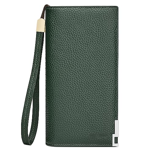 VANNANBA Mens Real Leather Long Wallet RFID Blocking Multi Credit Card Large Capacity Zipper Travel Clutch Wristlet,Green