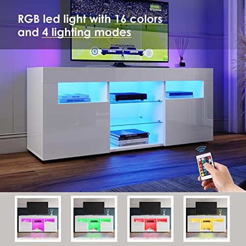ELEGANT TV Stand Cabinet White Gloss 120cm, TV Unit with LED Lights, Modern Storage Cabinet with 2 Glass Shelves and 2 Doors, Handleless Design, TV Cabinets for Living Room Bedroom