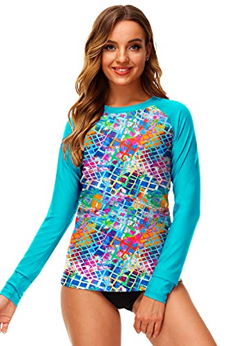 Deerose Womens Long Sleeve Rash Guard Color Printed Uv Protective Spf Surf Top Active Sport Swim Shirts Aqua Multicolored Xl thumb #3