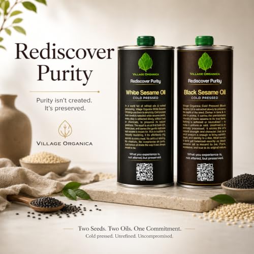 Image of Village-Organica Cold Pressed Black and White Sesame Oil Combo | Black Til OIl & White Til Oil | 1000 ml Each | Unrefined | Tin Cans | Total 1000ml *2