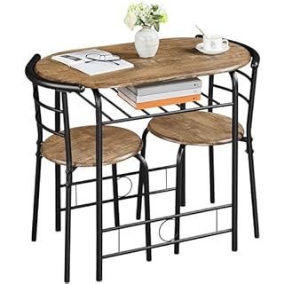 Yaheetech 3 Piece Modern Dining Table Set, Kitchen Table and Chairs Set for 2, Space Saving Table Set, Breakfast Nook Table Set with Steel Legs and Storage Rack for Kitchen/Small Space, Brown