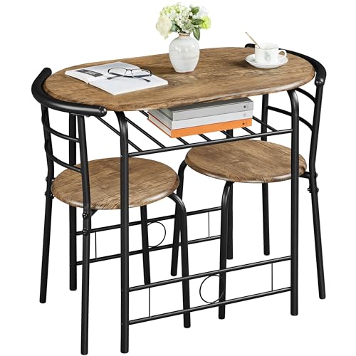 Yaheetech 3 Piece Modern Dining Table Set Kitchen Table and Chairs Set for 2 Space Saving Table Set Breakfast Nook Table Set with Steel Legs and Storage Rack for Kitchen/Small Space Brown