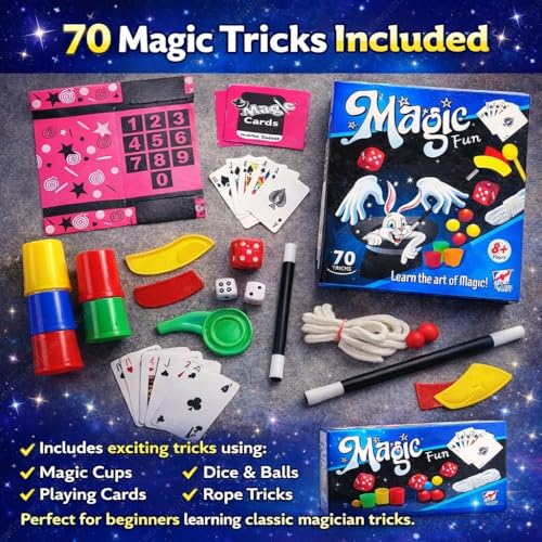 Image of DZLING 70 Tricks Magic Kit for Kids - Learn the Art of Magic with Cups, Cards, Rope & Wand | Beginner Magic Set | Educational Magic Toy | Magic Game Set for Boys & Girls 8+ Years (Magic 70)