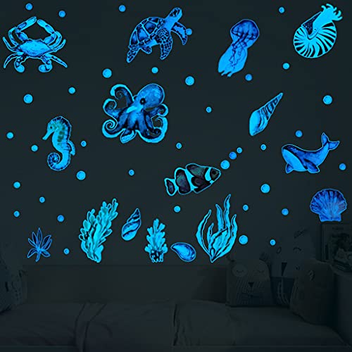 Ocean Fish Sea Creatures Stickers Decor, Blue Light Decals Glowing in The Dark for Wall Decoration, Wall Murals Peel and Stick for Living Room Bedroom Ceiling (Blue of sea Creatures)