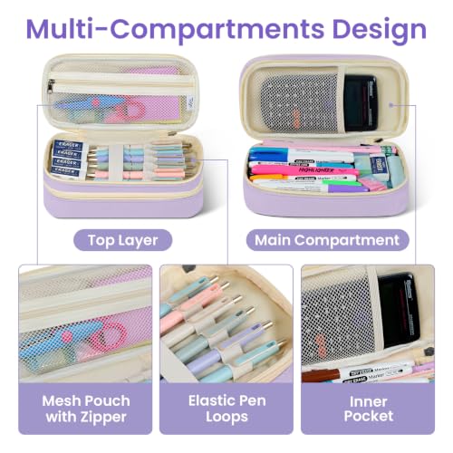 Image of Taja Large Pencil Case Pouch For Girls, Big Cute Pencil Pen Bag Organizer with Zipper Compartments & Handle, Aesthetic Stationery Storage & School Supplies for Teens Boys - Purple