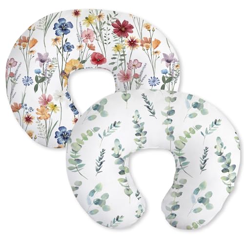 Image of Little Grape Land Nursing Pillow Covers 2 Pack, Soft & Breathable Removable Breastfeeding Pillows Covers for Feeding Pillows, Nursing Pillow Slipcover for Baby Girls Boys, (Leaves & Flowers)