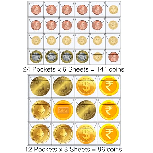Image of SPS Coin Collection Album - 240 Pockets | Holds Both Small & Large Coins | 14 Sheets | Premium Storage for Collectors | Coin Organizer | Tan