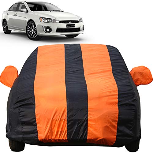 Image of Autofact Car Body Cover for Mitsubishi Lancer (Mirror Pocket, Premium Fabric, Triple Stiched, Fully Elastic, Orange /Blue Color)