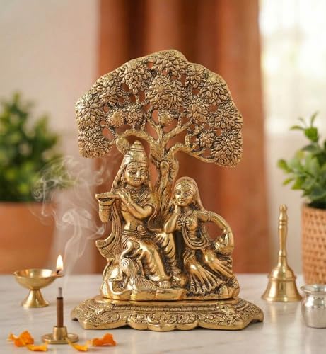 Image of KridayKraft Metal Lord Radha Krishna Tree Idols Hindu God Radha Krishna Ji Murti for Home Temple Puja and for Home Office Shop Decorative God Idols Showpiece