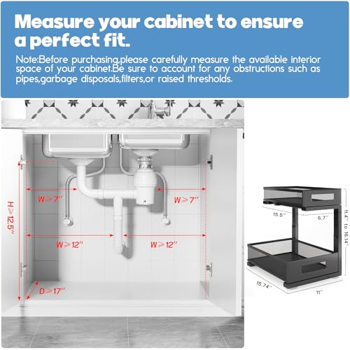 Image of 1 Pack-11.4 inch-16.14 inchH Under Sink Storage Organizer, Large 2-Tier Elegant Mesh Pull Out Shelf for Kitchen and Bathroom Cabinet Organization, L-Shaped and Adjustable Height Design for Maximum Space-Black