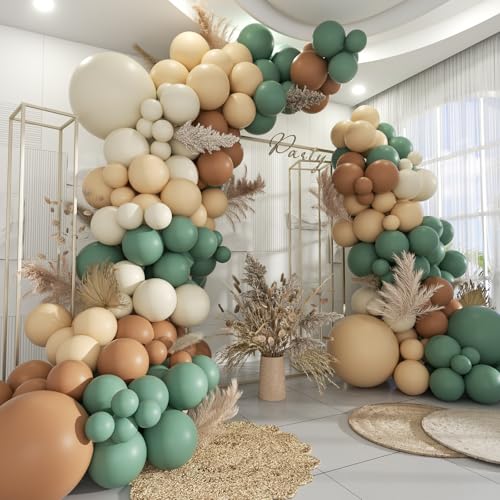 MOXMAY Green White Brown Balloon Garland Arch Kit, 160Pcs Sage Green White Sand Tan Brown Balloons for Birthday Bridal Baby Shower Gender Reveal Wedding Party Decorations