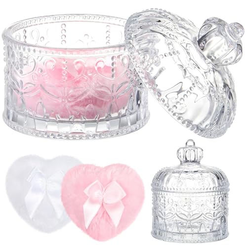Body Powder Puff and Container Powder Container with Puff Crystal Case Soft Washable Reusable Velour Face Body Glitter Wet Dry Makeup 3 Pcs Large (Crown Clear)