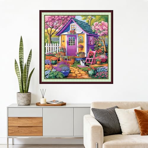 Image of Foxhool Stamped Cross Stitch Kits,11CT Printed Cross Stitch Pattern Full Embroidery Kits for Beginner Needlepoint Kits-Garden Bungalow 18x18 inchs